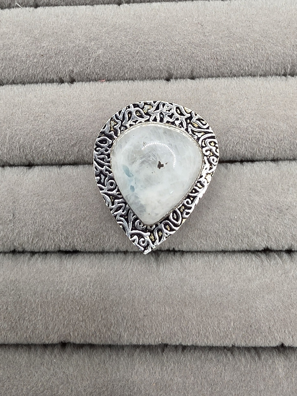 Silver Plated Teardrop Moonstone Ring Size 6 - White
